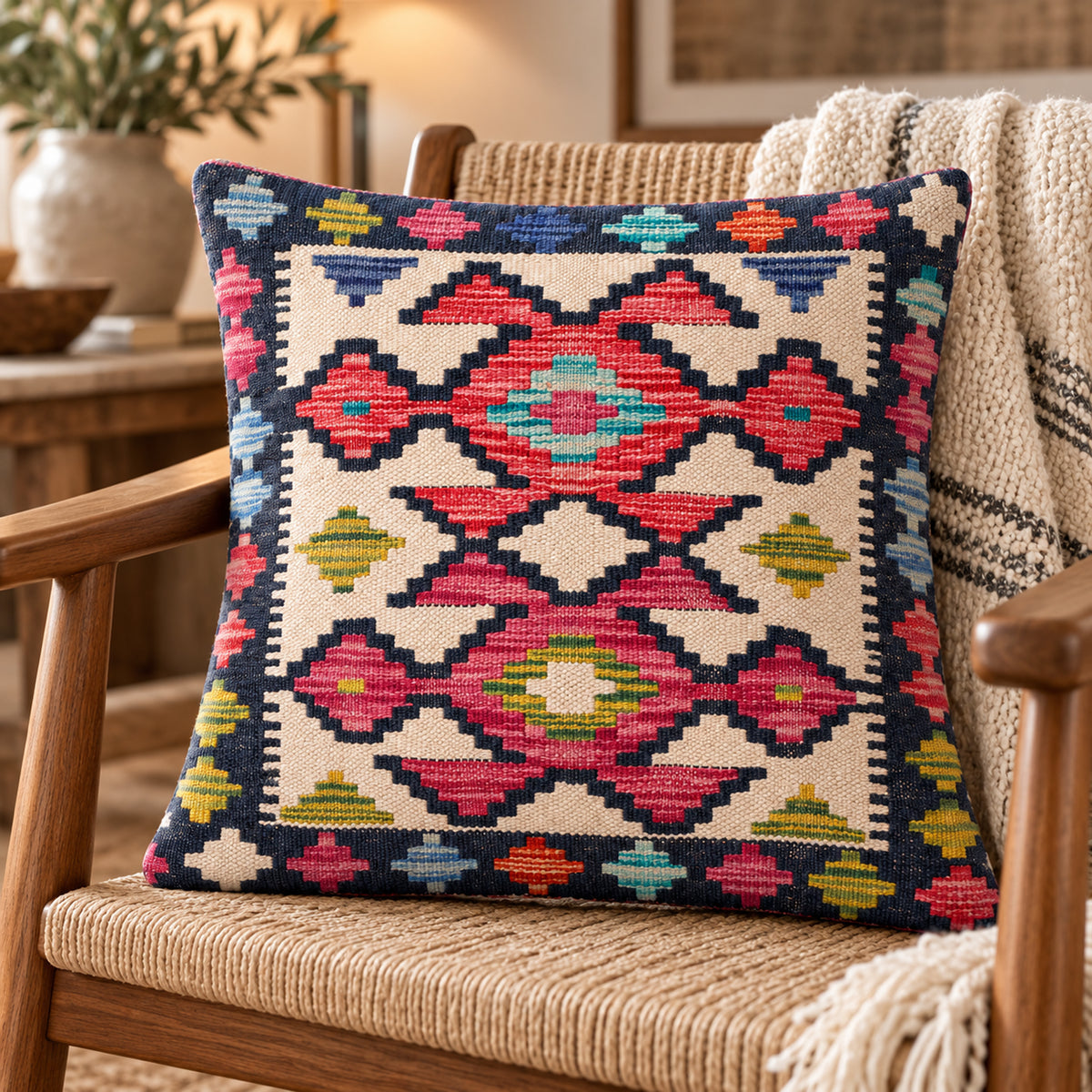 Kilim-style cushion with blue-red geometric pattern on cream, 45x45 cm