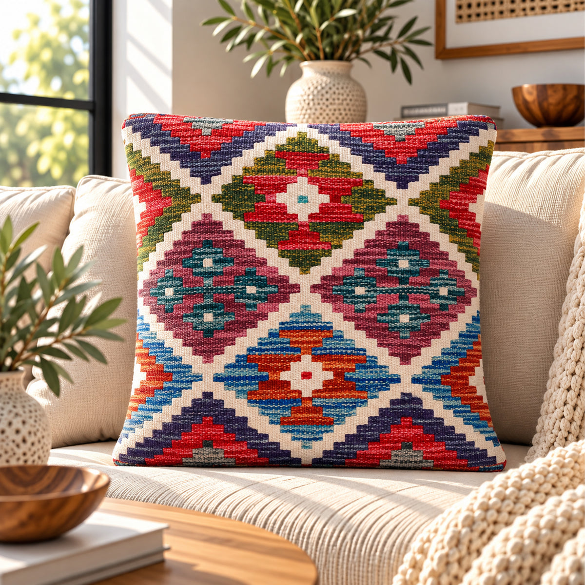 Kilim cushion cover with red, white, blue, and green geometric diamond pattern, 45x45 cm