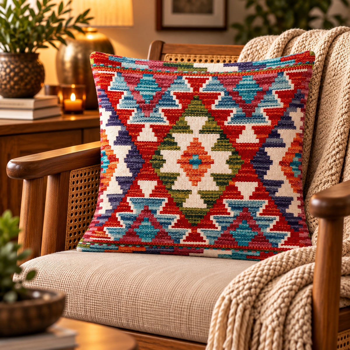 Kilim cushion with multicolor geometric pattern on white ground, red outline