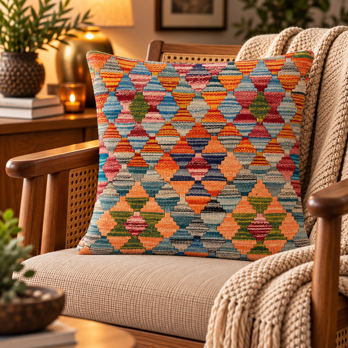 45x45 cm kilim cushion cover with blue multicolor geometric pattern front