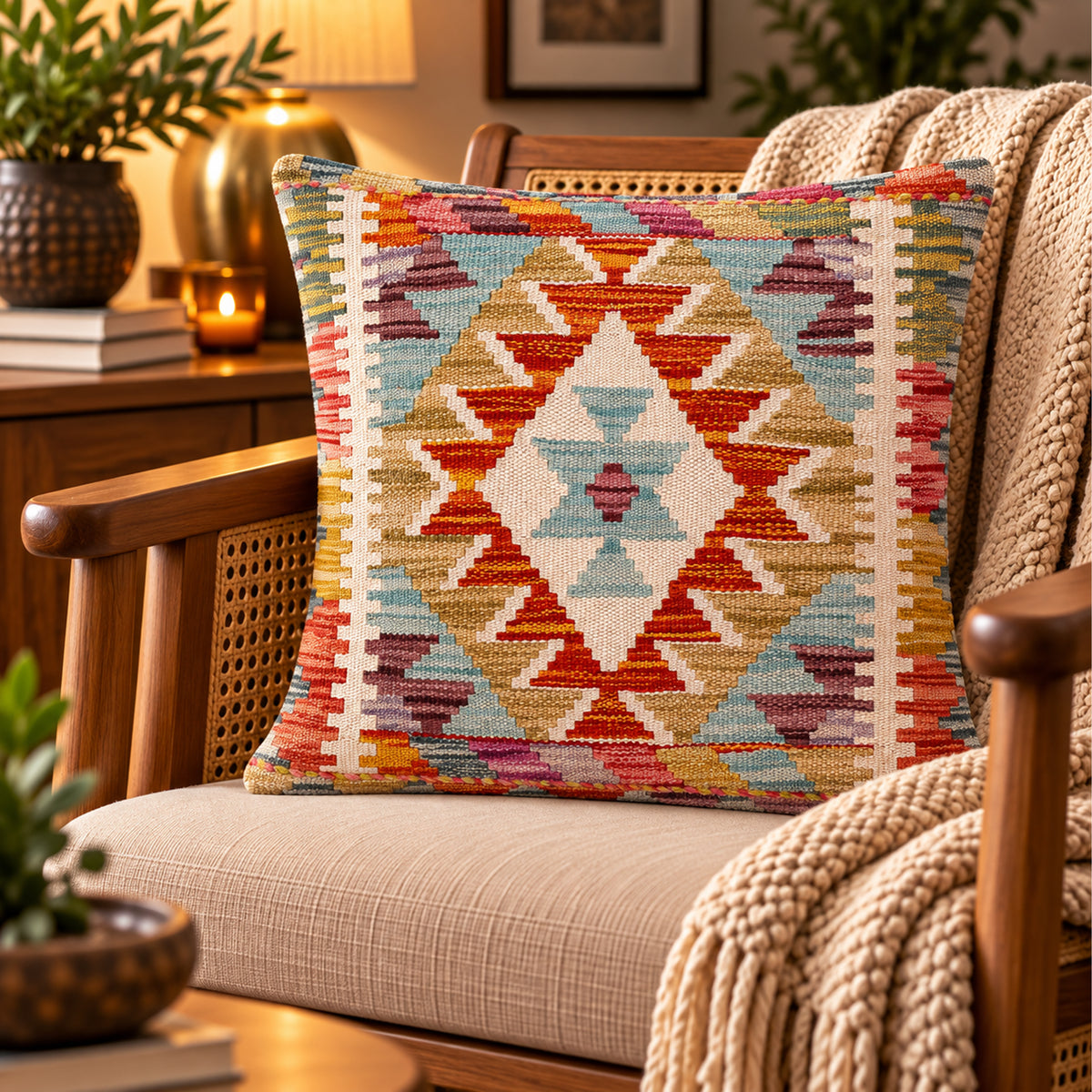 Kilim cushion with multicolor geometric diamond pattern, 45x45 cm