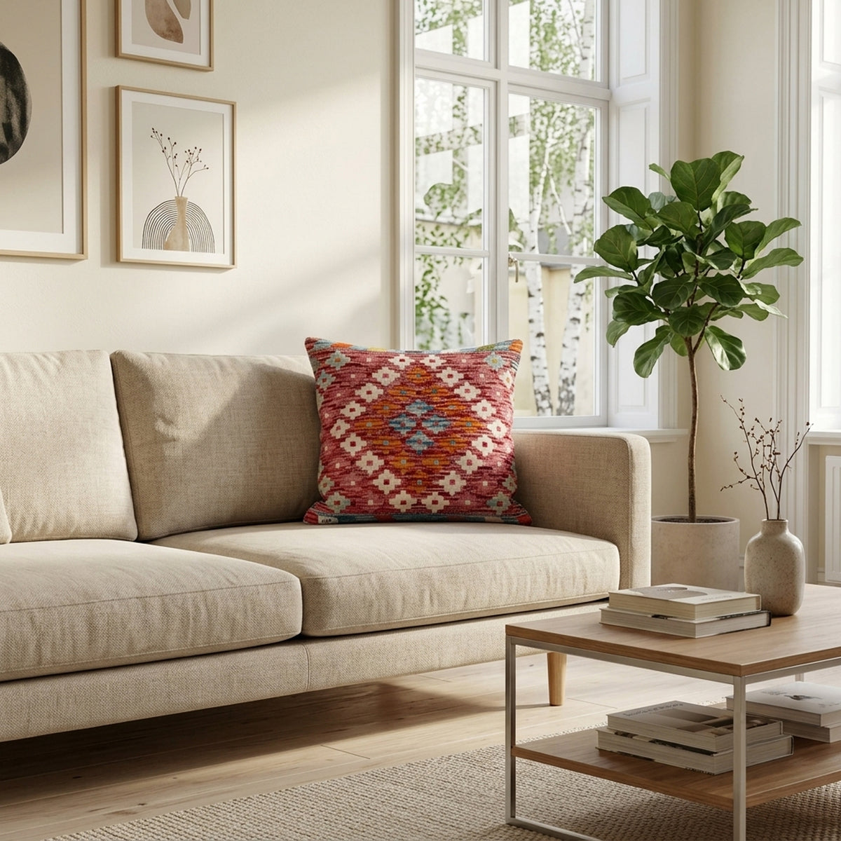 Multicolor floral kilim cushion on sofa, 45x45 cm, front panel visible