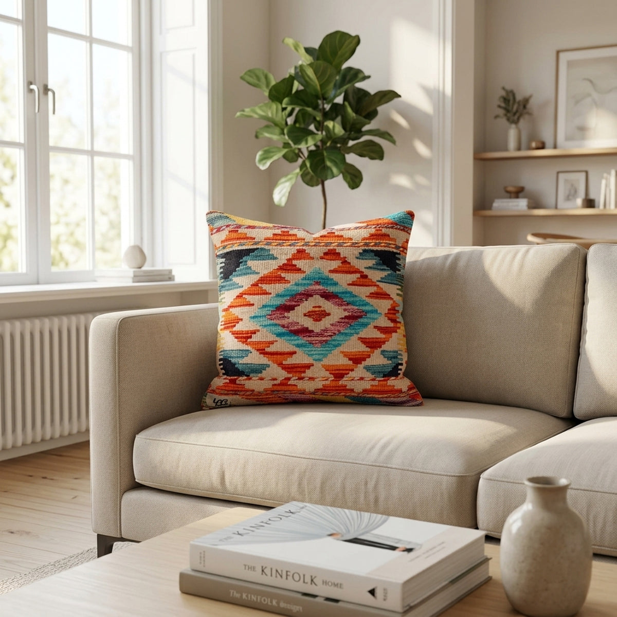 Orange geometric kilim cushion cover, 45x45 cm, square embroidered pattern