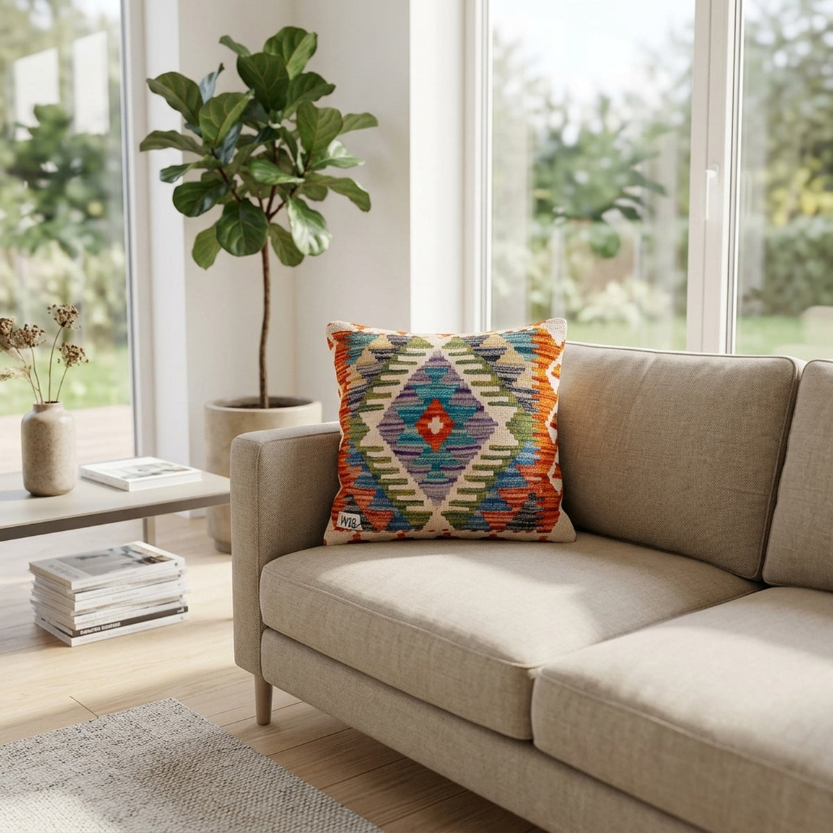 Orange medallion kilim cushion cover with geometric pattern, 45x45 cm