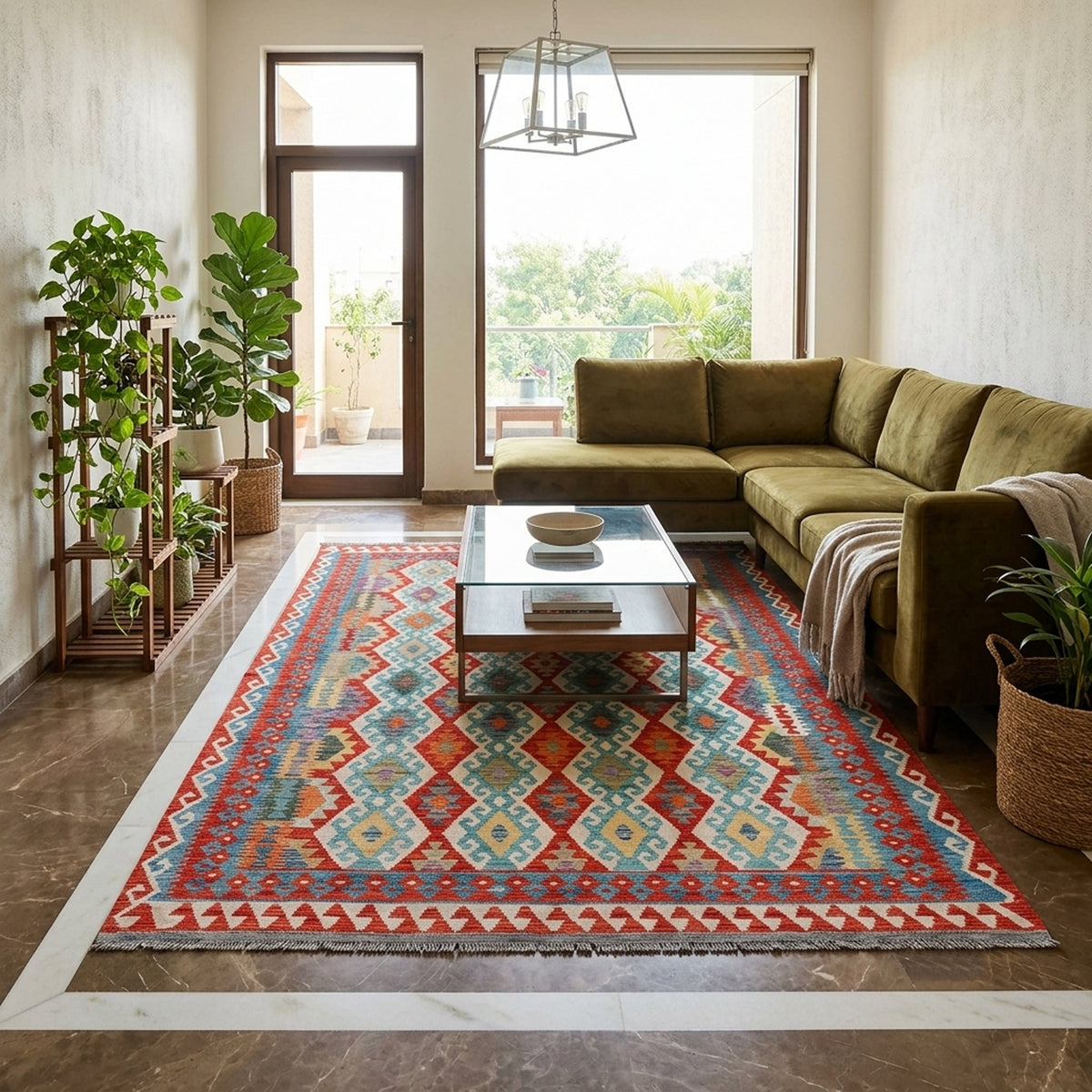 Kilim rug with red, blue, and beige geometric medallion pattern, rectangular size