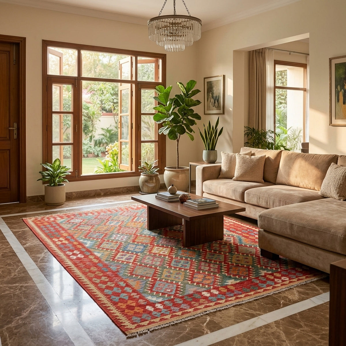 Red and multicolor diamond-pattern kilim rug in a living room floor layout