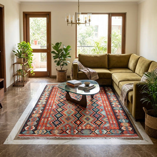 Kilim rug with multicolor geometric border on floor in a bright living room