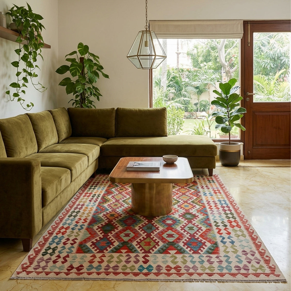 Geometric kilim rug with red, blue, and cream diamond pattern