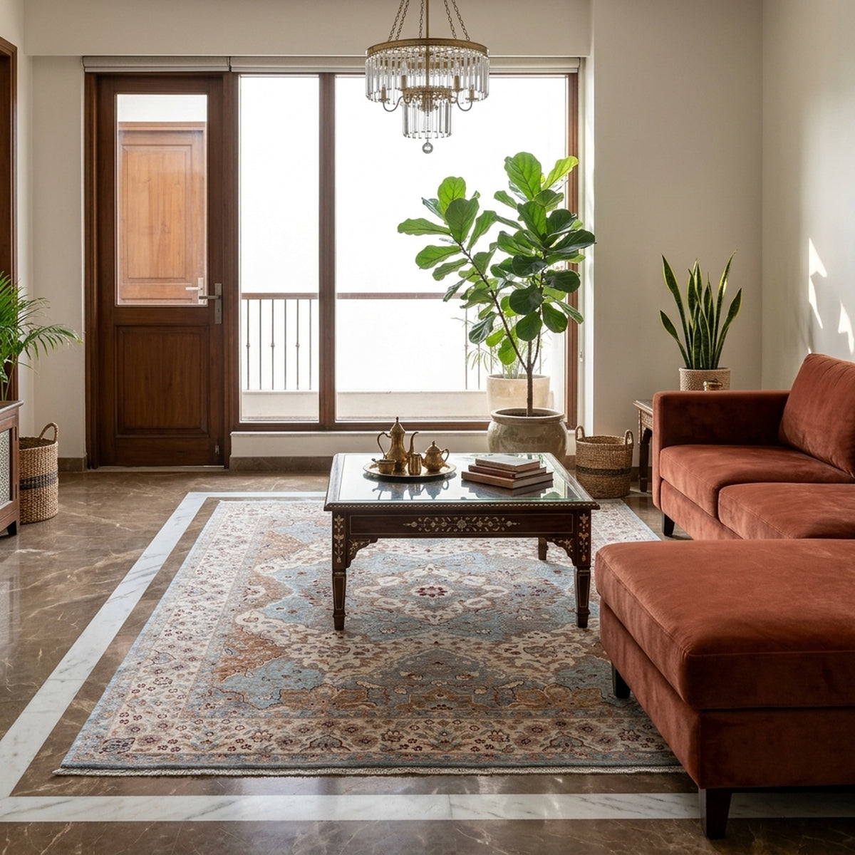 Blue floral medallion rug with ornate border, shown in a living room setting
