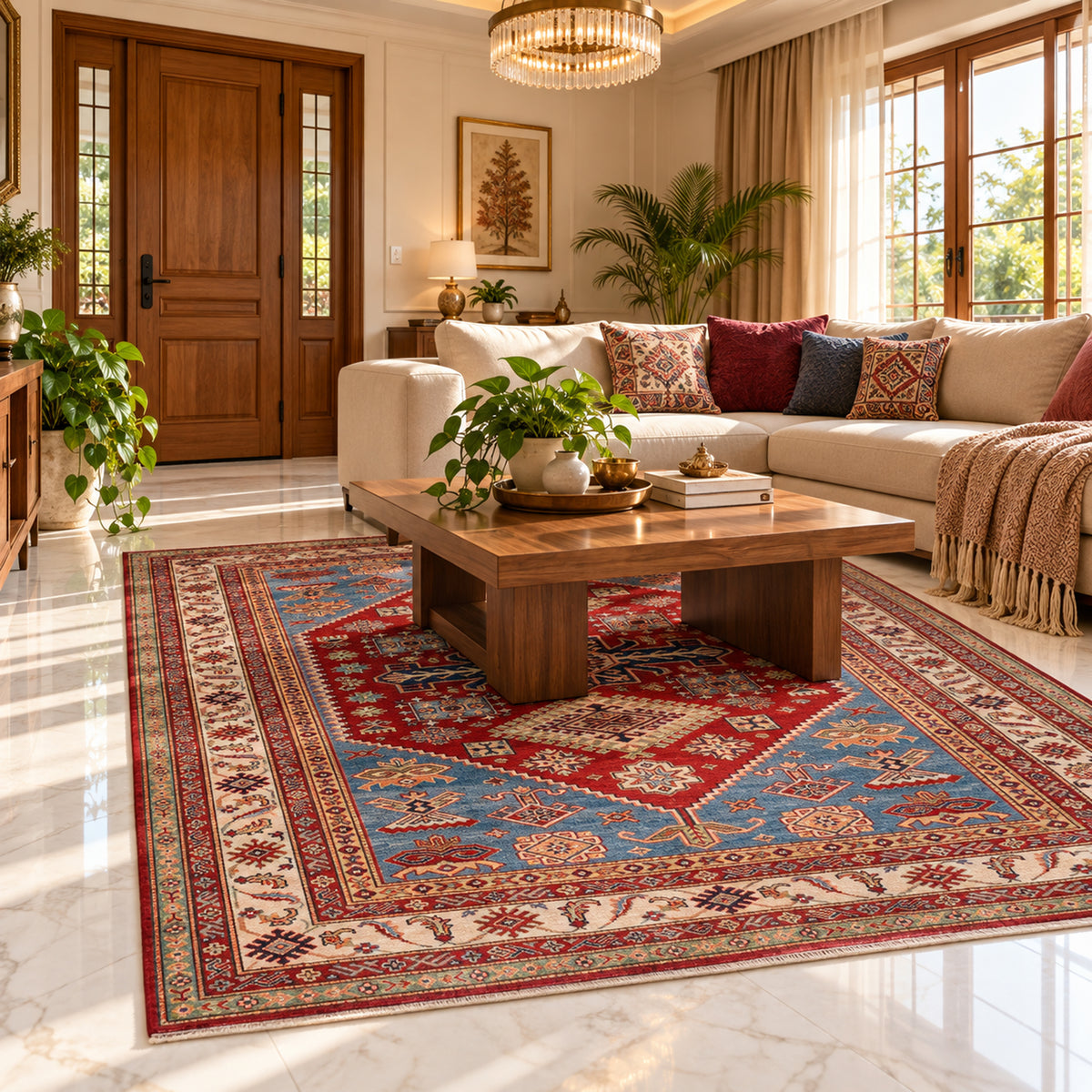 Red, blue, and cream Kazak rug in a living room under a window and chandelier