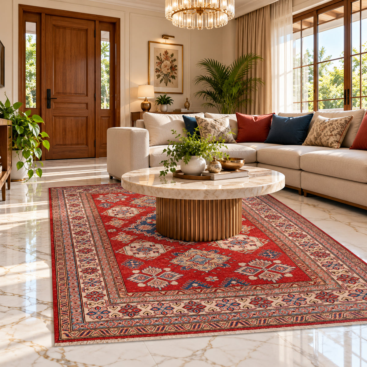 Red patterned area rug with ornate border and central geometric motifs