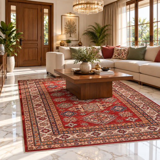 Red Kazak rug in living room with geometric pattern under coffee table, 198x155 cm