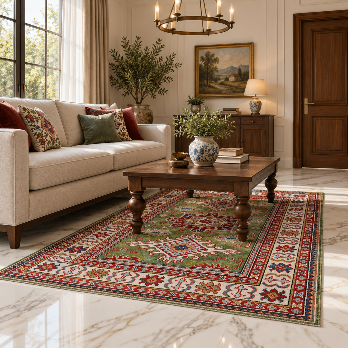 Green rug with red and cream geometric border and floral medallion motifs
