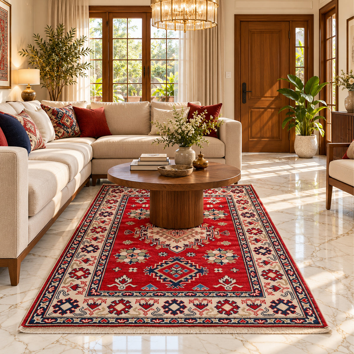 Red ornamental rug with cream and navy borders on tile floor, centered full view