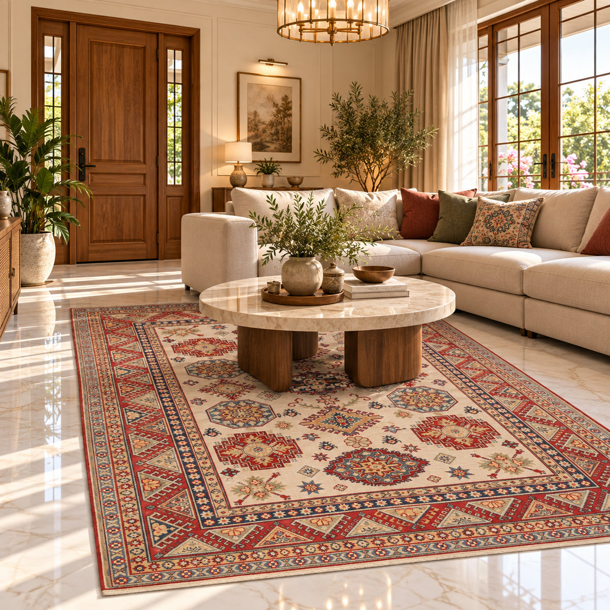 Large area rug with red border, cream field, and blue geometric medallion center