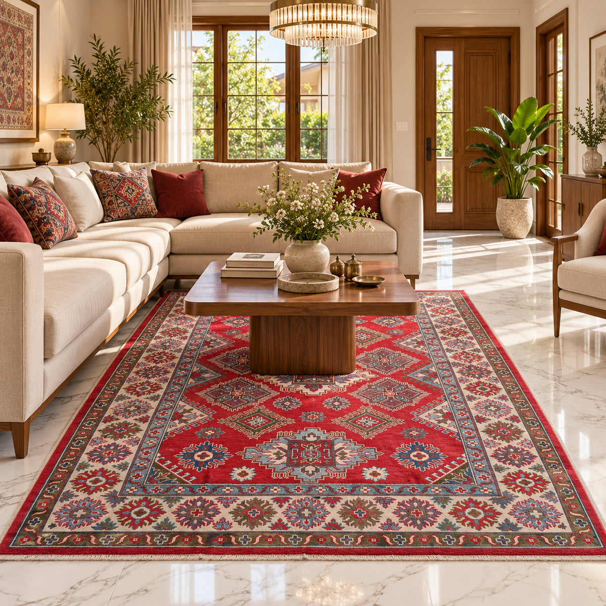 Red traditional patterned rug with central medallion and border, 243x163 cm