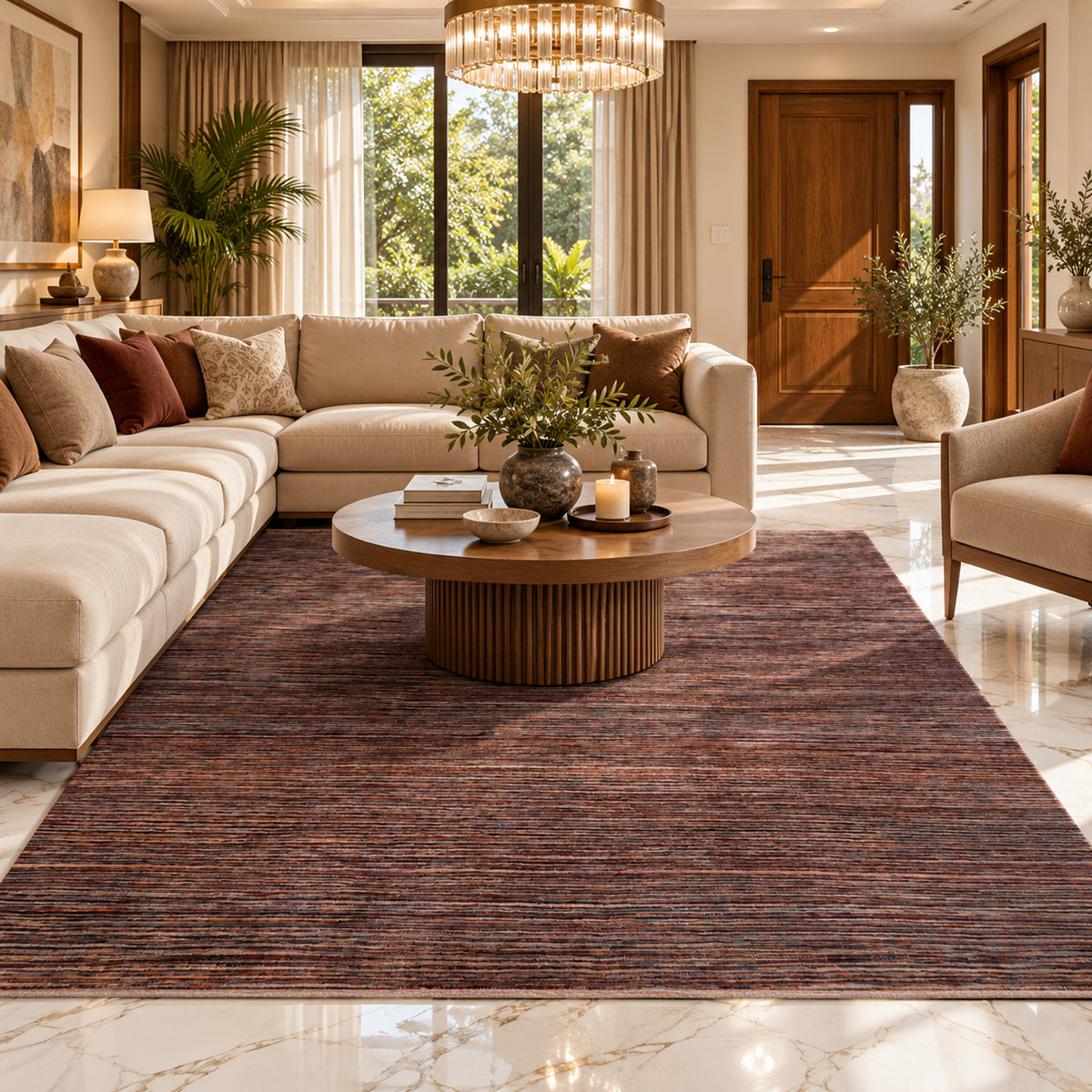 Rectangular striped area rug with dark brown base and thin multicolor lines, flat weave
