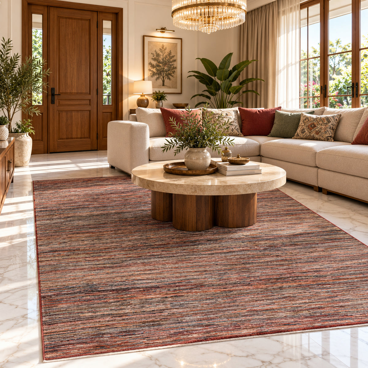 Striped Ziegler-style brown area rug with multicolor vertical and horizontal bands