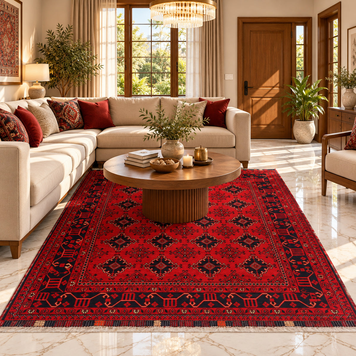 Red area rug with large geometric medallion pattern across the full surface