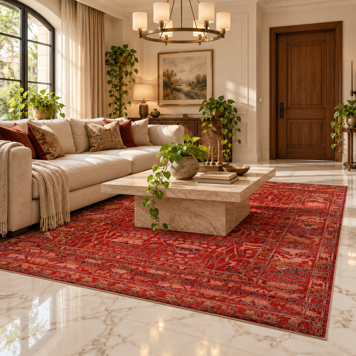 Red vintage area rug with ornate motifs and wide patterned border on the floor.
