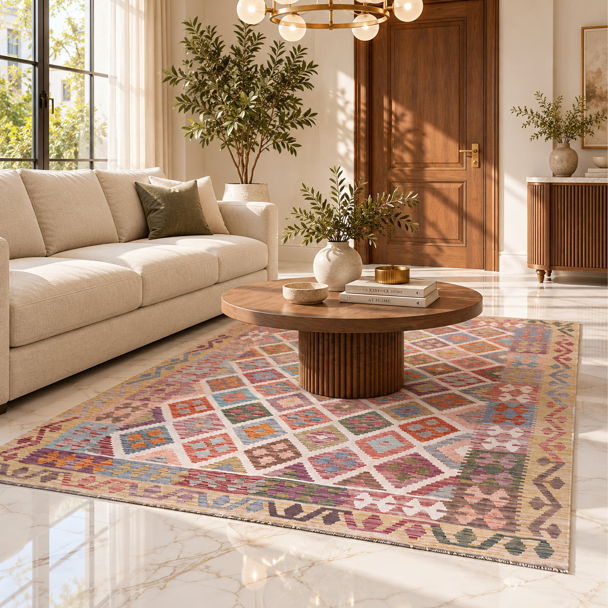 Beige kilim rug with geometric multicolor pattern in a living room setting