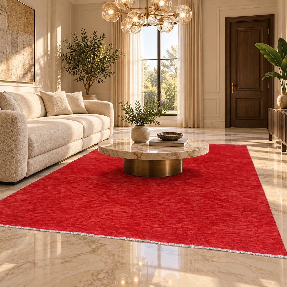 Red kilim rug with flatwoven texture, wide border, and clean edges for living rooms