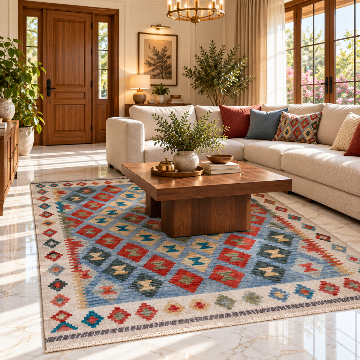Kilim rug with multicolor geometric pattern on a light blue base