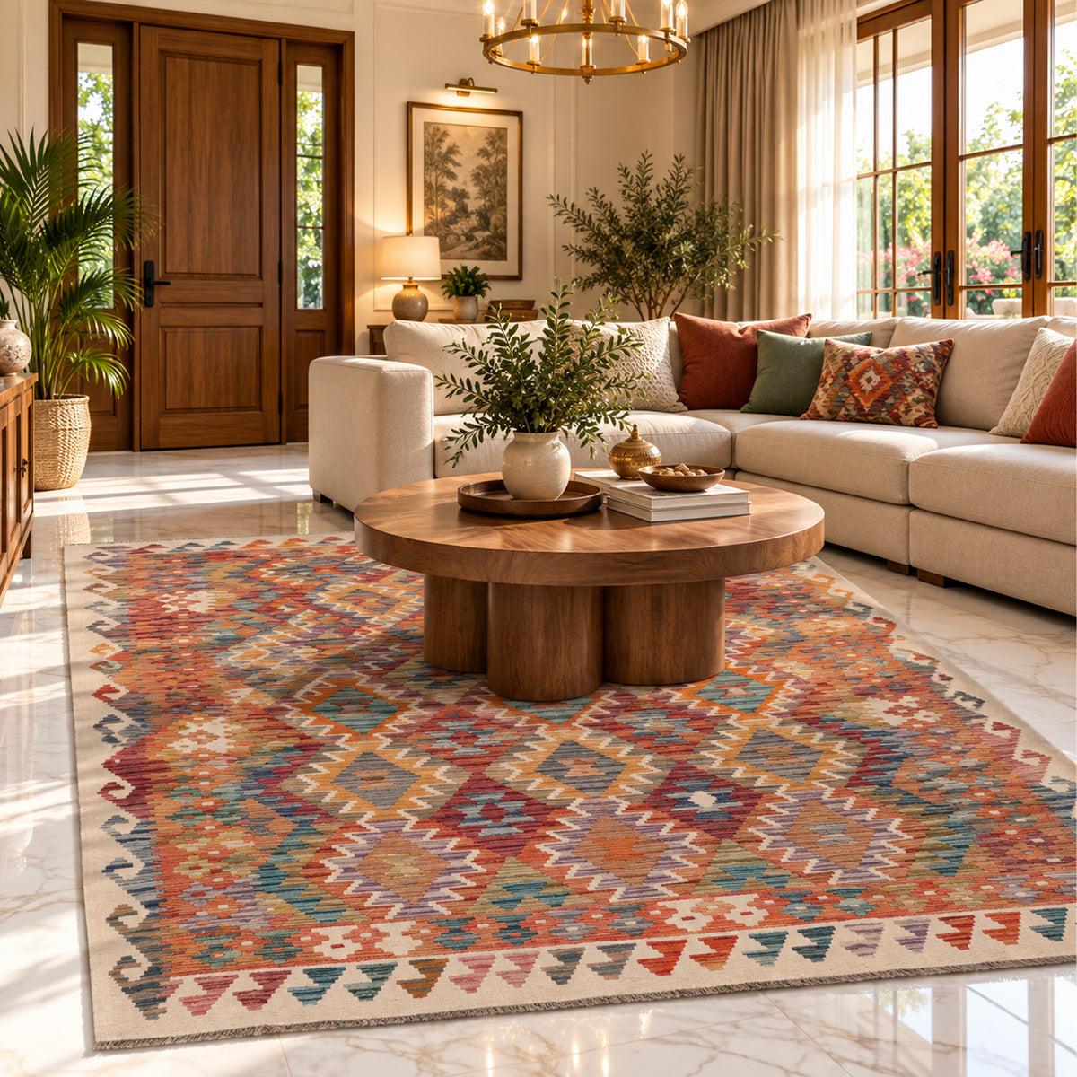 Beige kilim rug with multicolor geometric pattern, 204x160 cm