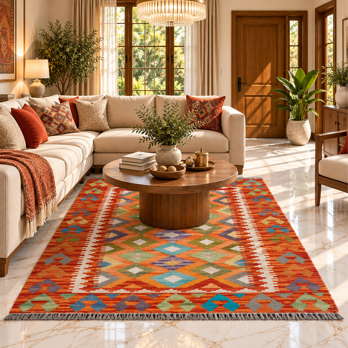 Rectangular orange kilim rug with multicolor diamond motifs and zigzag edging