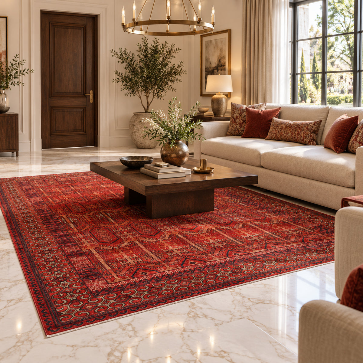 Red patterned area rug with geometric motifs and wide border, laid flat
