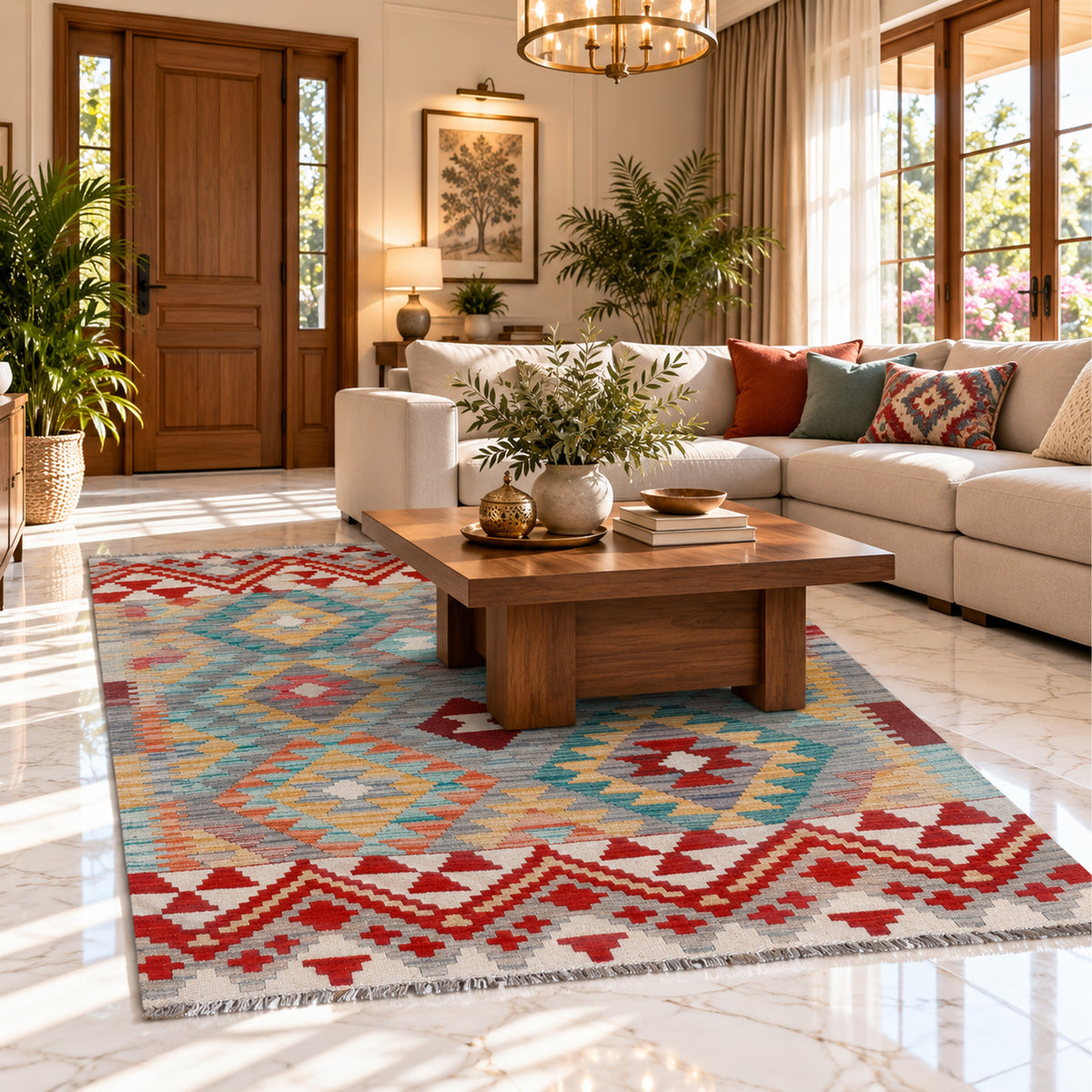 Grey kilim rug, 157x101 cm, geometric red and blue pattern for living rooms