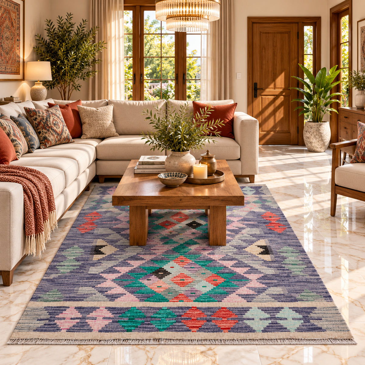 Geometric kilim rug with multicolor diamond patterns on a grey base