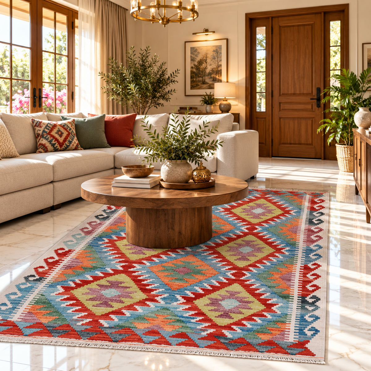 Kilim rug with multicolor geometric pattern in red, blue, orange, and cream