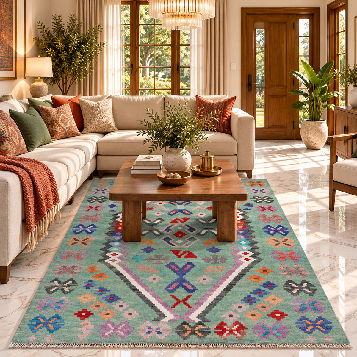 Green kilim rug 152x99 cm with multicolor geometric floral motifs and border