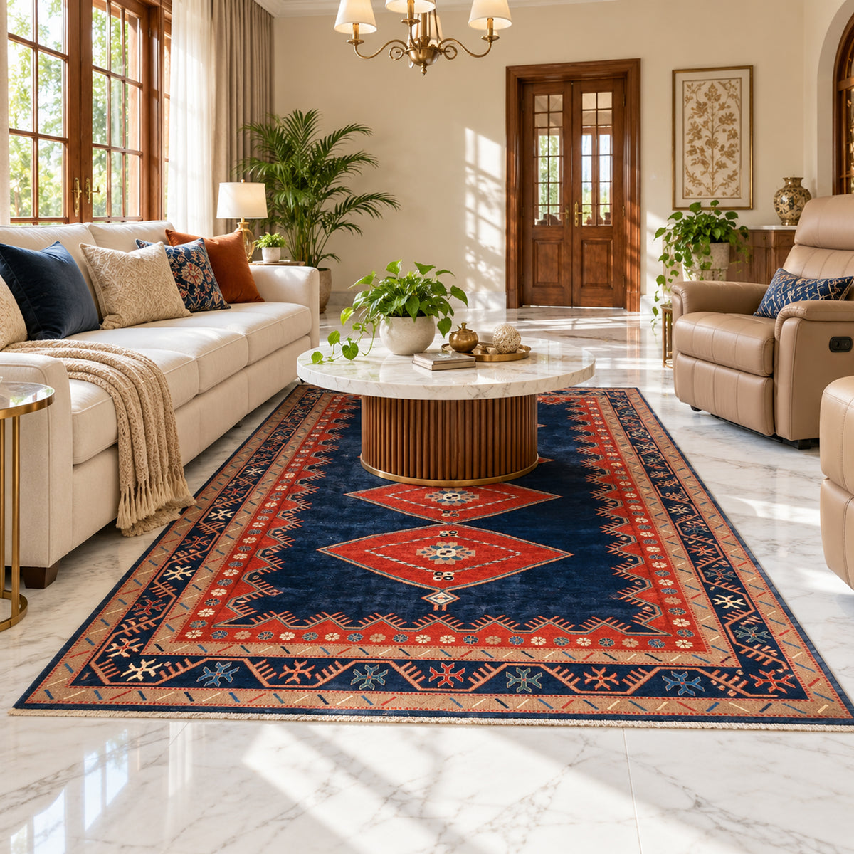 Geometric area rug in blue, red and beige with central medallion, 289x203 cm.