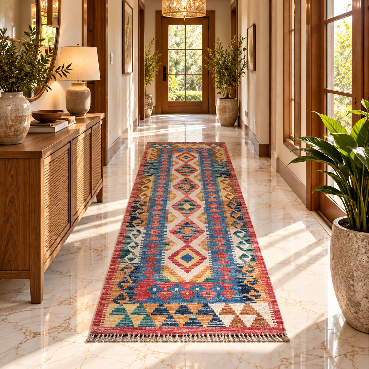 Blue kilim rug with multicolor geometric pattern, 195x70 cm, thin flatweave style
