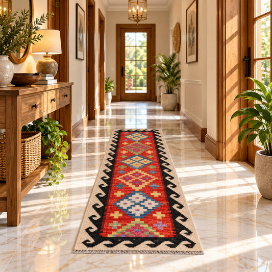 Red, blue, and cream kilim runner rug with black border and small fringe