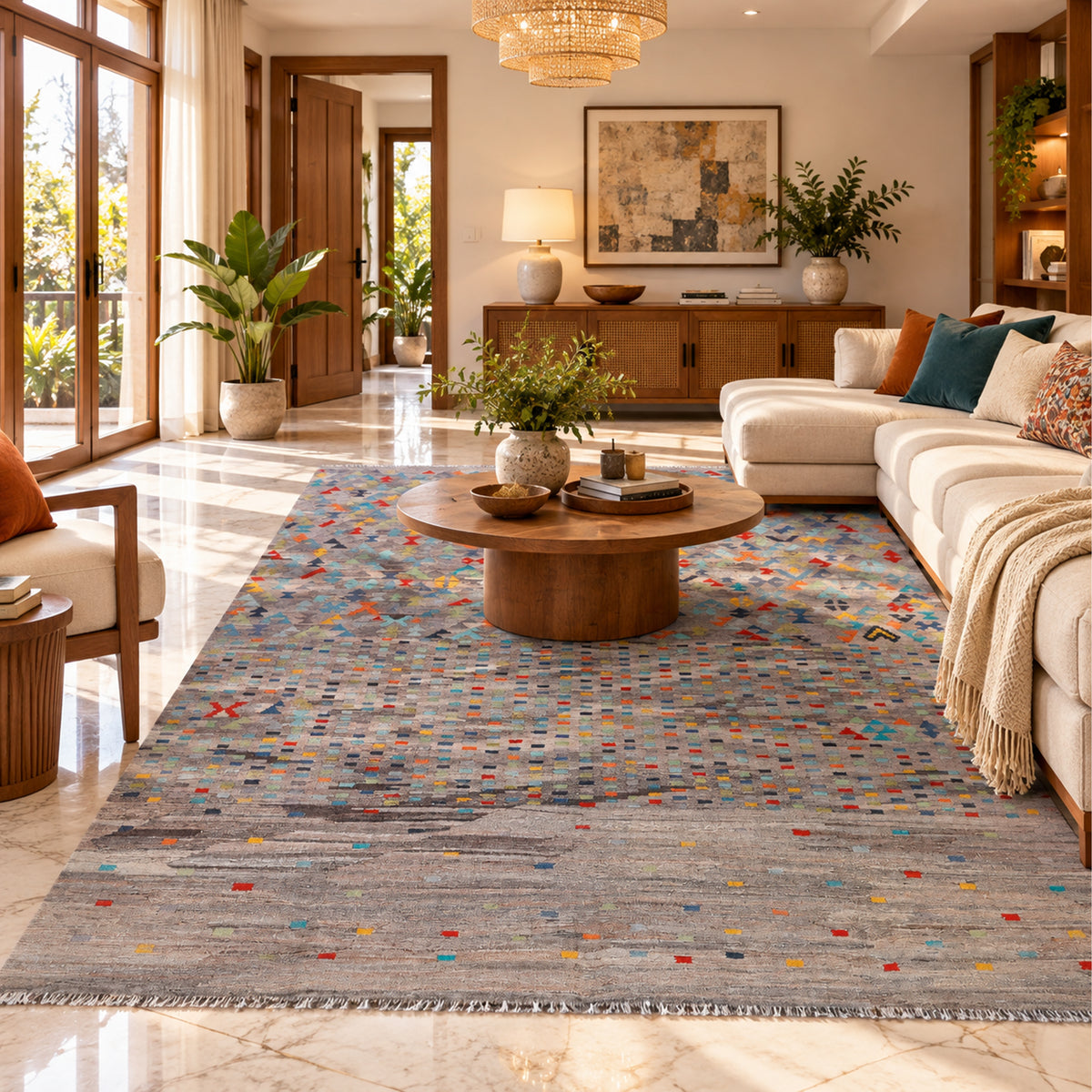 Kelim rug with multicolor geometric design on a gray base, placed in a living room