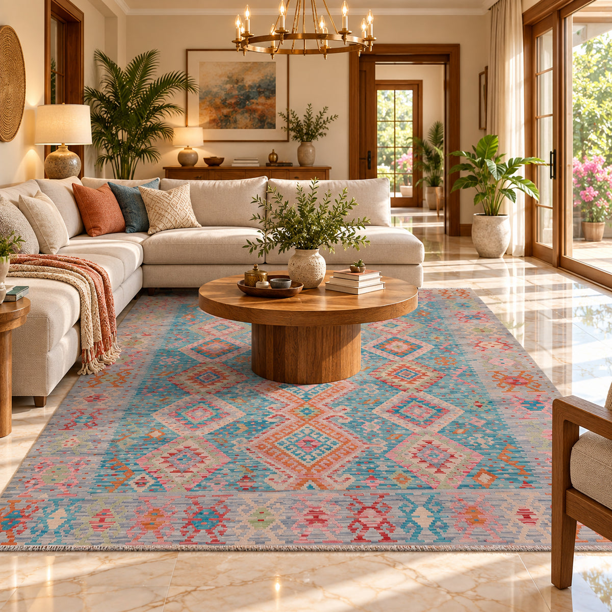 Blue kilim rug with multicolor geometric pattern and short fringed edge