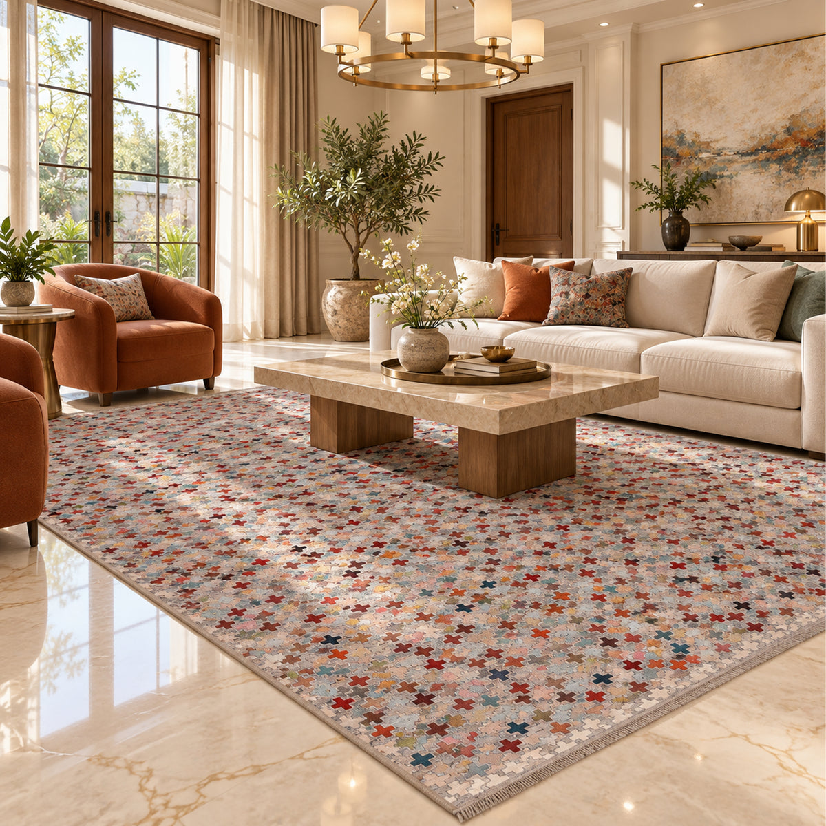Beige kilim area rug laid flat with multicolor cross geometric pattern.