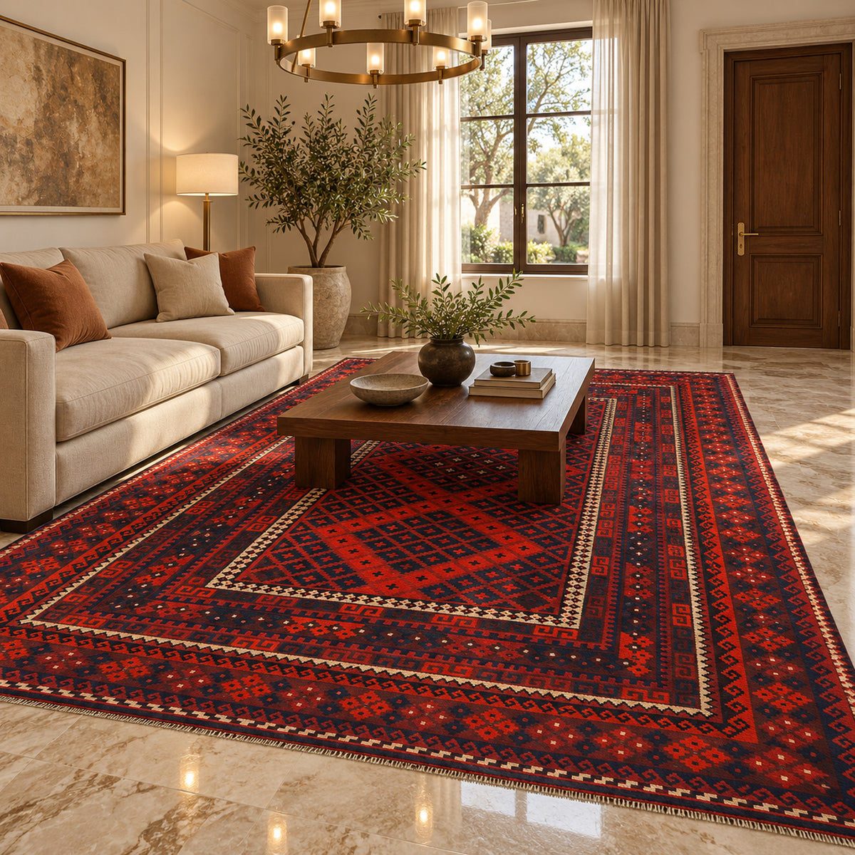 Crimson red kilim rug with navy and cream geometric medallion and flatweave texture