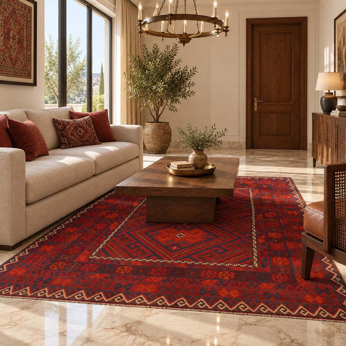 Red kilim rug with central diamond motif and dark geometric border on floor.