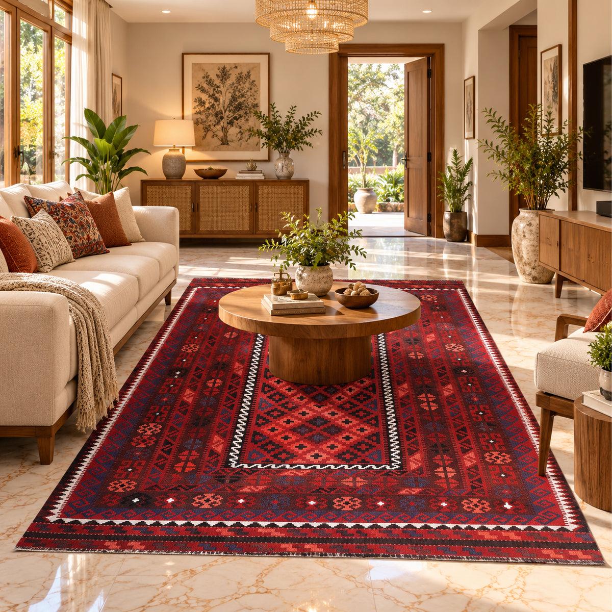 Red kilim rug with central medallion and geometric patterned border