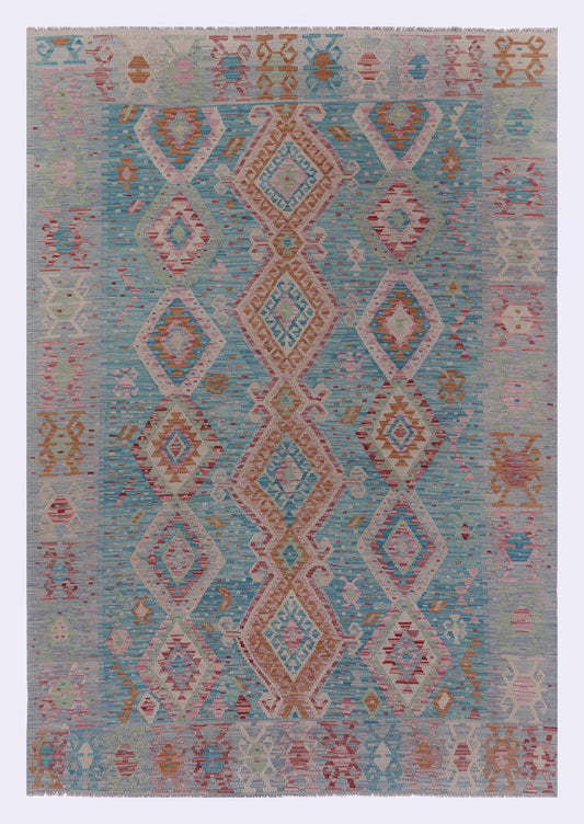 Blue kilim rug with multicolor geometric diamond pattern, rectangular design