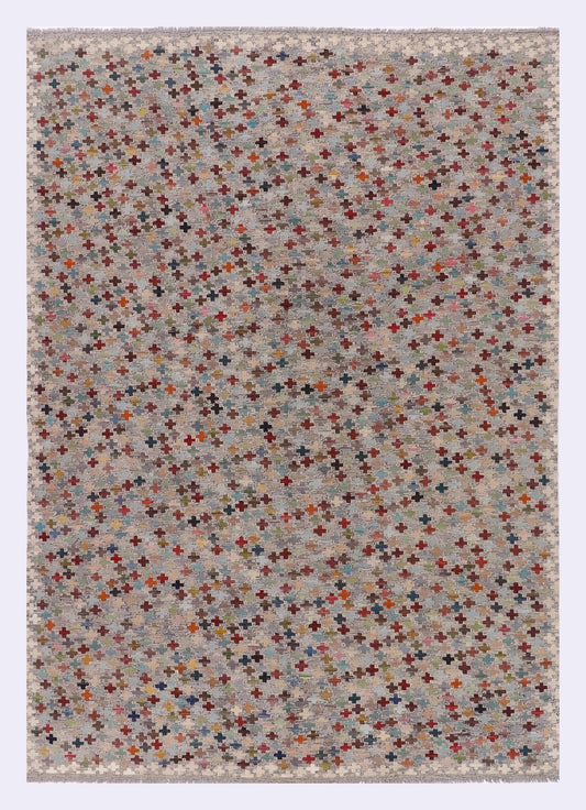 Beige kilim rug with multicolor cross star pattern, 288x203 cm