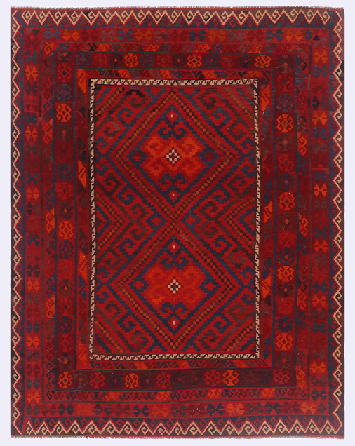 Red kilim rug with central diamond motif and multicolor geometric frame.