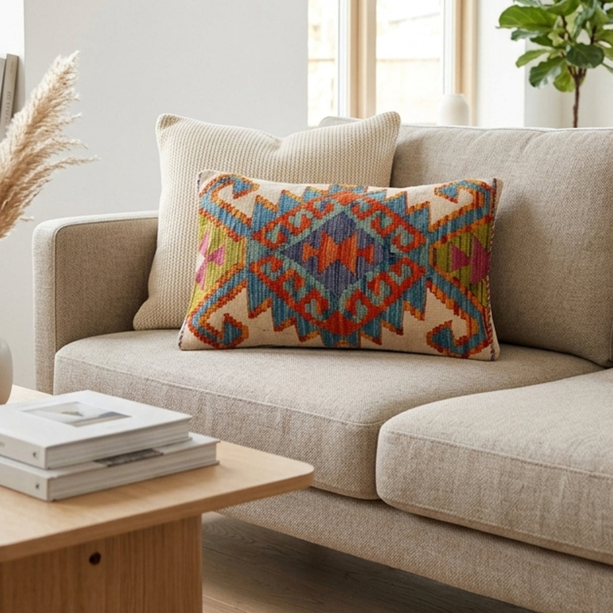 Geometric kilim cushion cover in off-white with multicolor pattern, front view