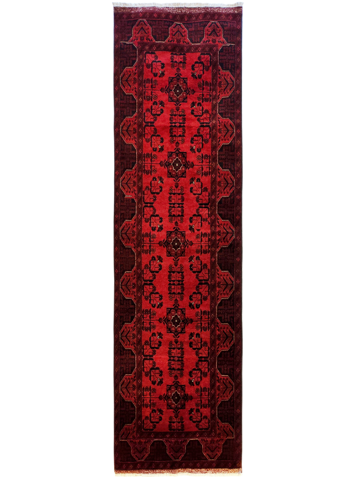 Red vertical rug with dark repeating medallion motifs and patterned border, no fringe visible