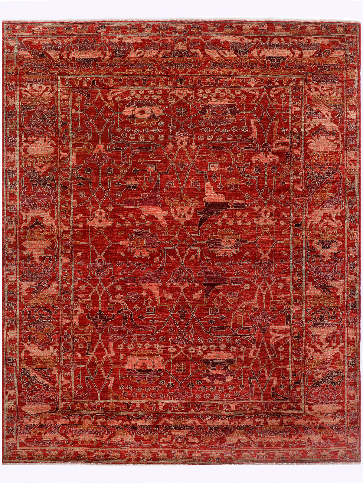 Full red vintage area rug with central medallion, ornate motifs, and border.