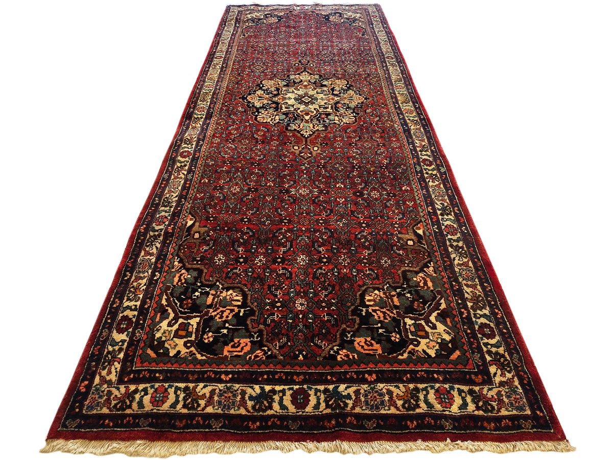 Bidjar rug with red field and navy border, ornate central medallion and floral motifs